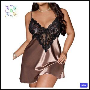 Satin Slip Nightgown Elegant Lace Trim Backless Spaghetti Strap Plus Size